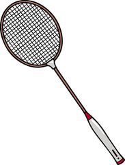Showing flat design badminton racket diagonally with brown frame, strings on transparent background