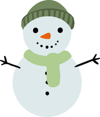 Cartoon snowman illustration standing on transparent backdrop, featuring carrot nose and stick arms
