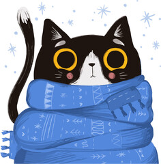 Stylized monochrome cat is wearing blue scarf, snowflakes floating on clear backdrop, copy space