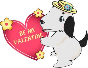 Flat design dog is holding Valentine heart, wearing straw hat with flowers, transparent background