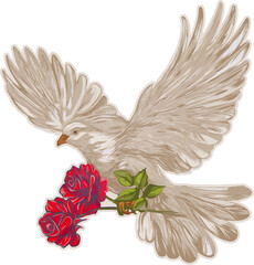 Stylized dove is flying with red roses and green stem in flat design, transparent background