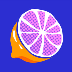 Flat citrus slice showing halftone purple, white membranes and droplet on transparent, copy space