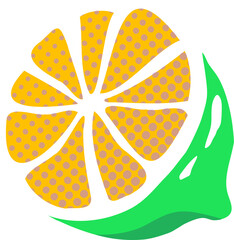 Citrus slice is floating on curved green leaf using flat pop art design, transparent background