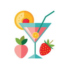 Colorful Flat Style Strawberry Lemon Cocktail Illustration