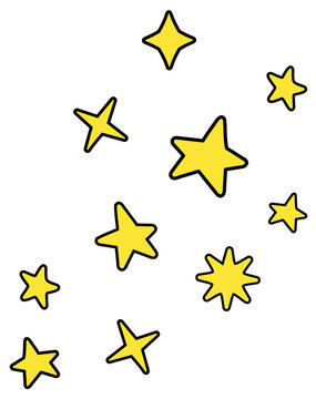 Naklejki Cartoon-style flat yellow stars floating on transparent background with black outlines white glow