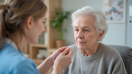 Pflegerin versorgt Seniorin mit Tabletten