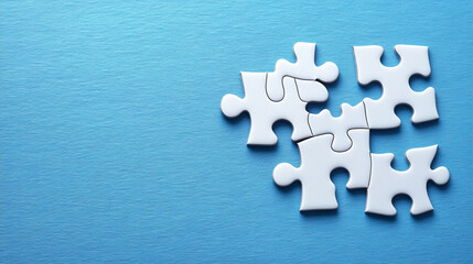 Obraz premium White puzzle pieces connecting on blue background, copy space