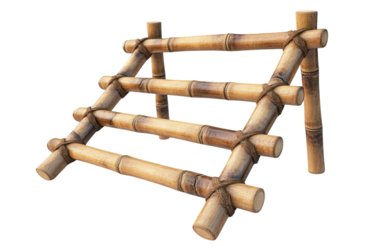 An artisanal bamboo ladder carefully crafted with rustic ropes inviting a sense of organic on transparent background
