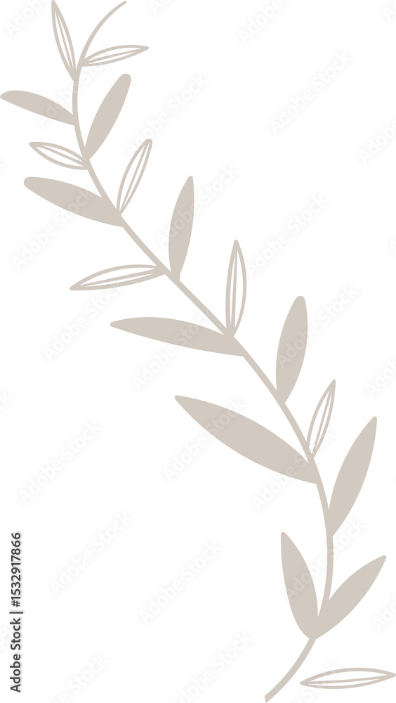 Poster botanical branch is floating on transparent canvas in minimalist beige with alternating oval leaves