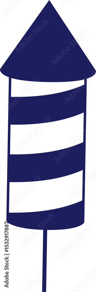 Poster firework rocket is showing navy shape with stripes, conical top and stick on transparent background