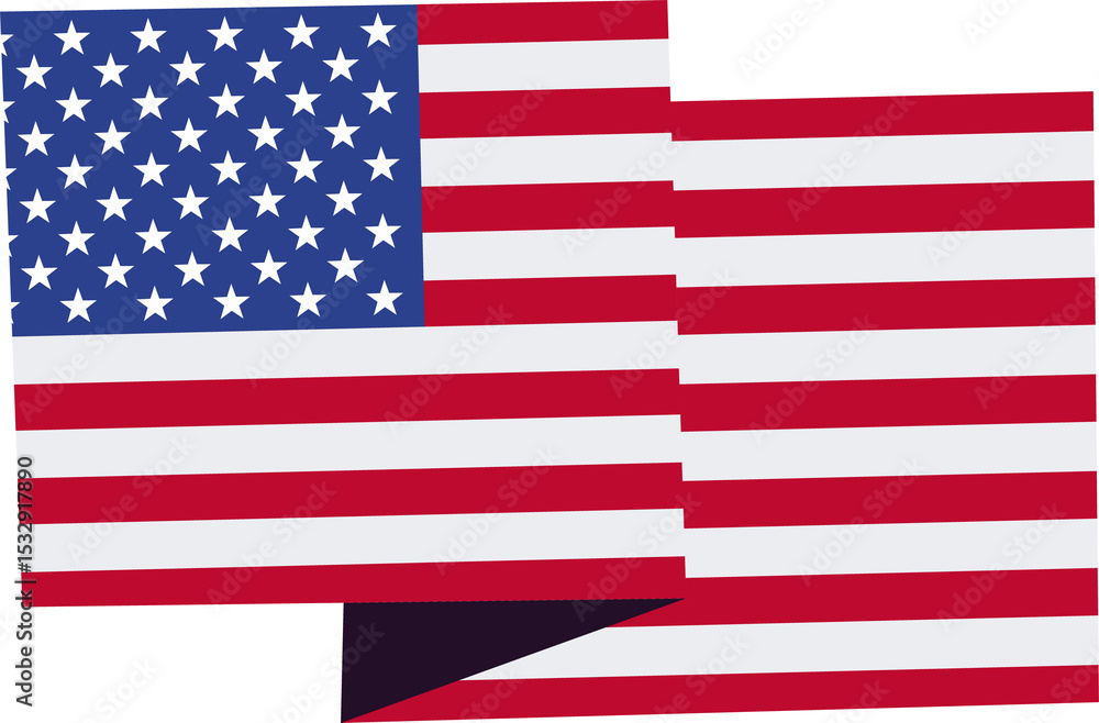Poster two overlapping us flags are showing flat design with layered offset edges, transparent background