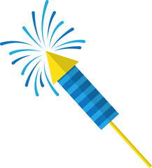 Stylized firework rocket is tilting in flat design, emitting blue sparks, transparent background