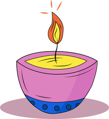Lit candle is glowing in pink and blue decorative bowl with yellow wax, transparent background