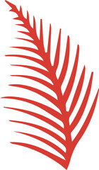 Red stylized palm frond silhouette is floating on transparent background, featuring flat design