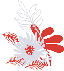 Flat-style bouquet is being shown on transparent background, with white flower and red palm fronds