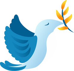 Stylized blue bird is carrying golden leaf branch in flat gradient style on transparent background