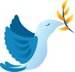 Fotobehang Stylized blue bird is carrying golden leaf branch in flat gradient style on transparent background © vectorfusionart