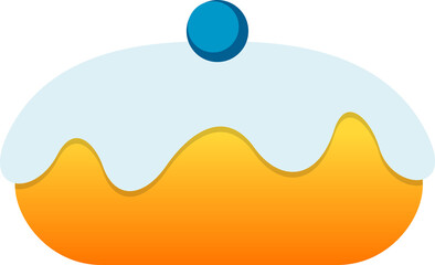 Cartoon cake is showing orange base with blue icing and sphere topper, flat, transparent background
