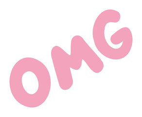 Pink bubble letters OMG are floating diagonally on transparent background in flat design style