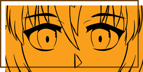 Stylized anime face is appearing over orange fill, with black lines and wide eyes, transparent bg