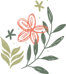 Floral sketch is showing coral flower, olive branches, green blooms, dots on transparent background