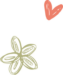 Abstract gestural doodles are floating on transparent background, with coral heart and lime flower
