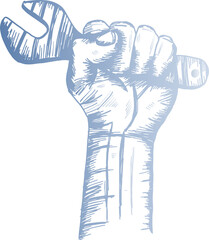 Blue line art showing raised forearm gripping adjustable wrench shading on transparent background