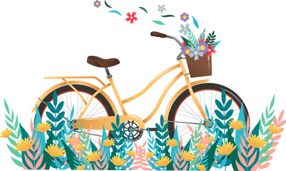 Pastel yellow bicycle showing brown saddle grips, wicker basket of blooms, transparent background