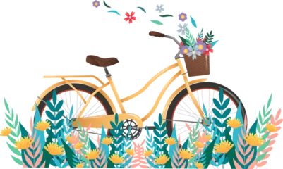 Fotobehang Pastel yellow bicycle showing brown saddle grips, wicker basket of blooms, transparent background © vectorfusionart
