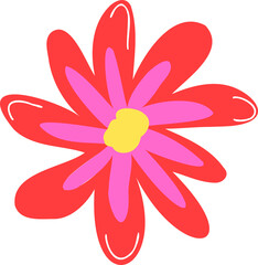 Flat-color graphic is showing red-pink petals radiating from yellow core on transparent background