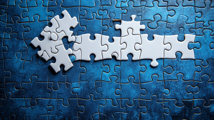 White puzzle arrow missing pieces on blue puzzle background, problem-solving concept