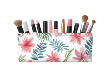 An elegant floral cosmetic bag filled with brushes and lipsticks a stylish haven for beauty on transparent background