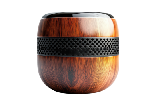 An elegant wood grain speaker emitting soothing sounds bringing peace to a quiet evening with on transparent background