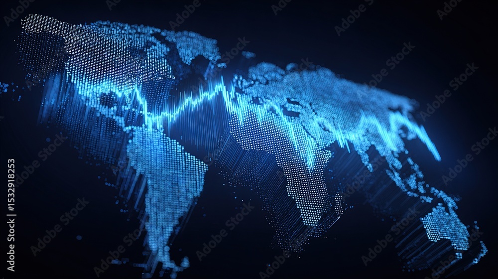 Poster translucent world map in blue with light line chart effect