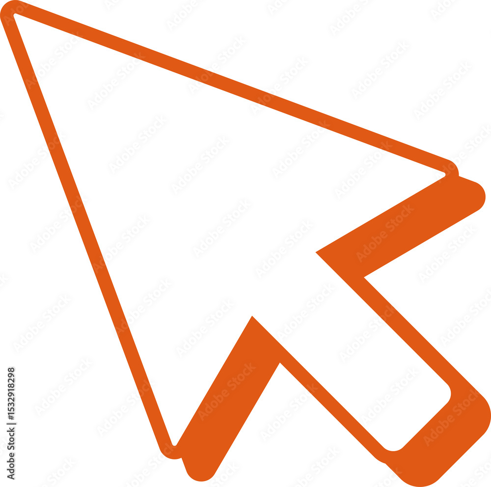 Poster stylized arrow cursor icon featuring white fill and orange outline rotating on transparent canvas