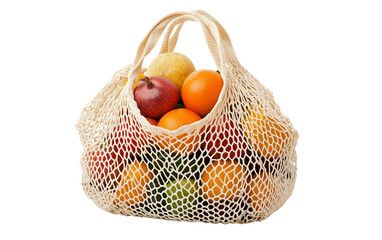 Organic cotton mesh grocery bag filled with fresh produce used for sustainable shopping isolated on transparent background PNG