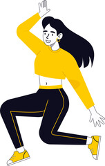Cartoon woman is jumping wearing gold hoops, yellow top, black leggings, transparent background