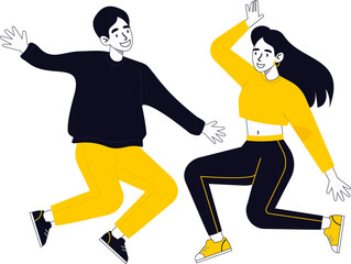 Two friends are leaping in flat illustration, wearing yellow sportswear, transparent background