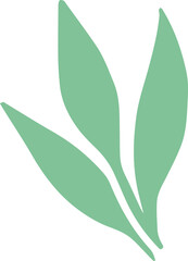 Minimalist stylized green leaf sprig is floating on transparent background in flat design style