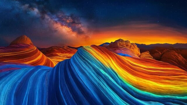 Stunning Rainbow Rock Formation Under a Vibrant Night Sky with Milky Way Display