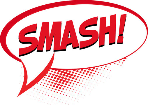 Fototapeta Comic speech bubble is featuring SMASH! with red border and halftone dots on transparent background