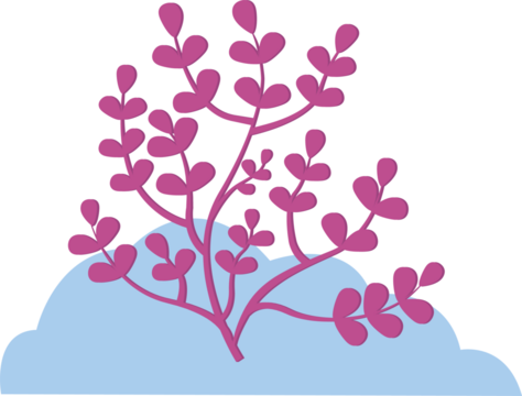 Magenta stems with oval leaves are rising from light blue mound, flat style, transparent background - Powered by Adobe