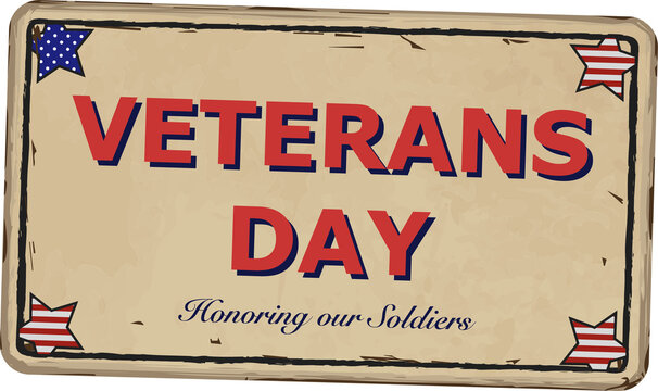 Fototapeta veterans day vintage plaque is showing red letters, blue cursive script and flag stars, transparent