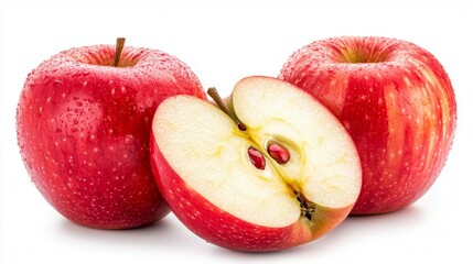 Fresh red apples with dew droplets on a white background, showcasing one apple sliced in half revealing seeds