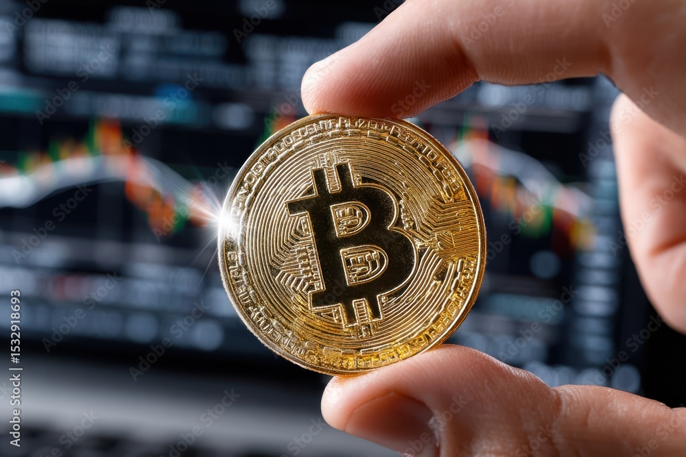 Poster bitcoin coin held in hand with trading graphs in the background during a market analysis session