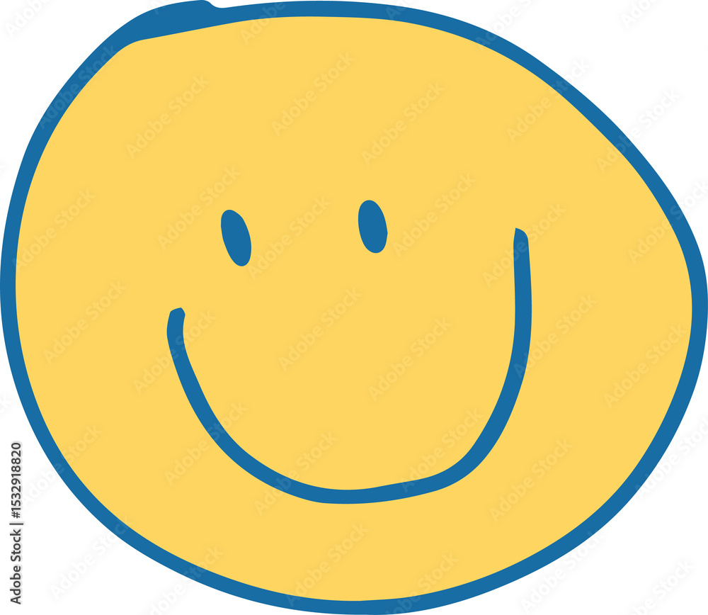 Poster emoticon is smiling in sketch style with yellow and blue outline on transparent background