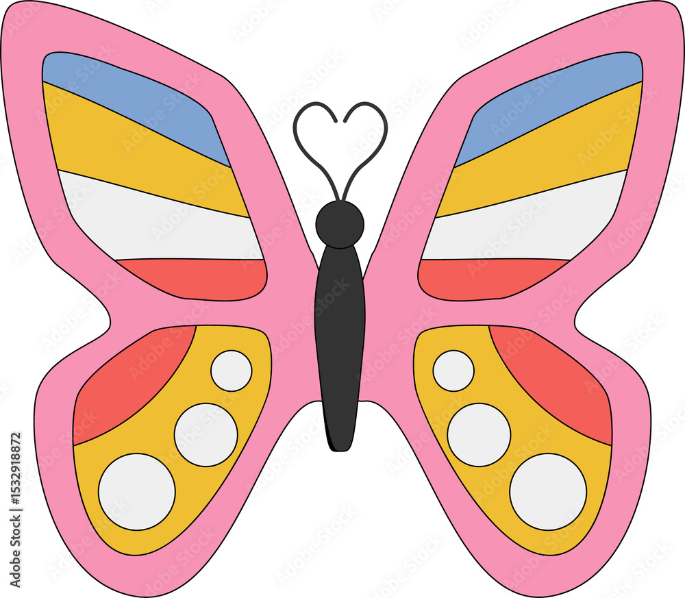 Poster flat design butterfly is floating on transparent background with pink border and multicolored wings
