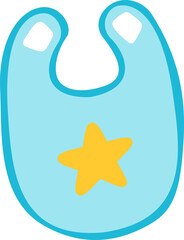 Baby bib is being shown in flat design with turquoise border, yellow star on transparent background