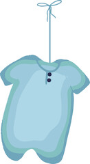 Light blue baby bodysuit is hanging by ribbon in flat design with buttons, transparent background