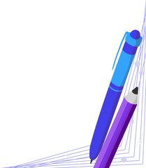 Flat design is showing blue pen and purple pencil with digital elements on transparent backdrop